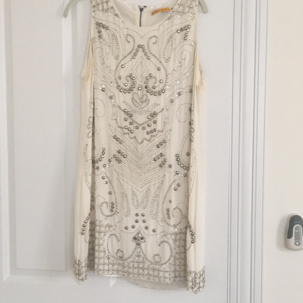 Cream, beaded Alice and Olivia shift dress
